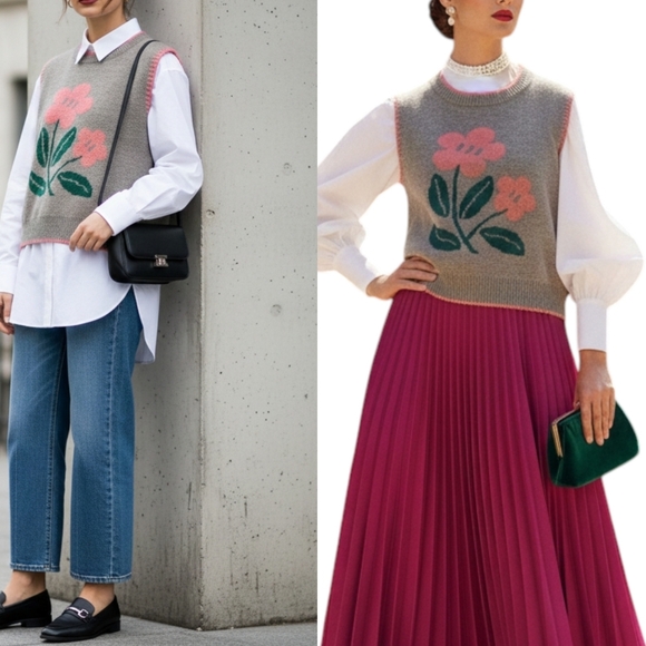 Source Unknown Sweaters - Gray and Pink Floral Women's Sweater Vest M